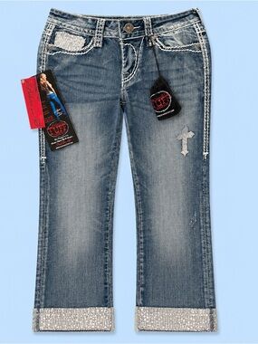 Cowgirl Tuff Women's Distressed Blue Denim Jeans with Rhinestone Cuff